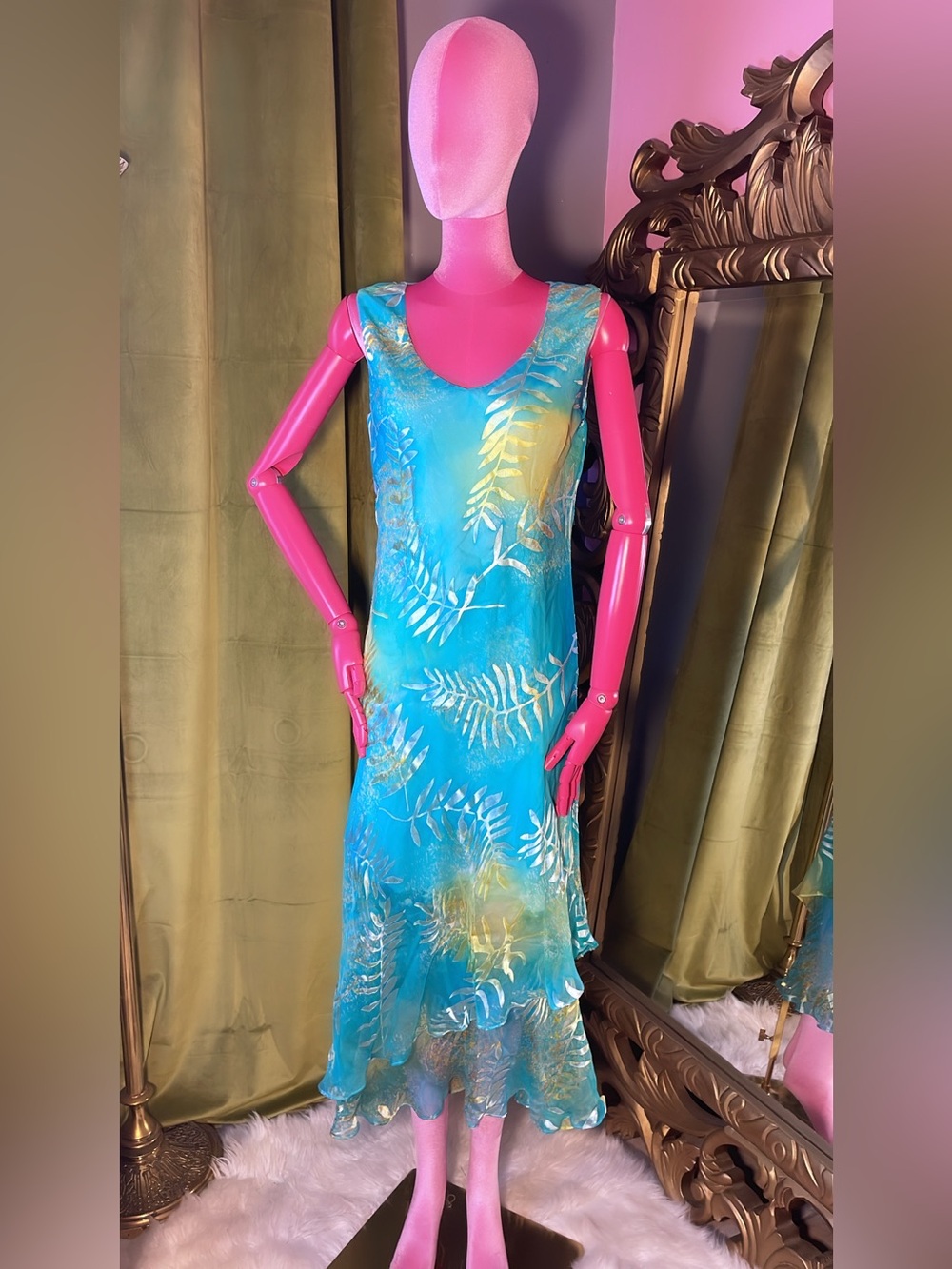 Tropical Aqua Hand-Painted Maxi Dress